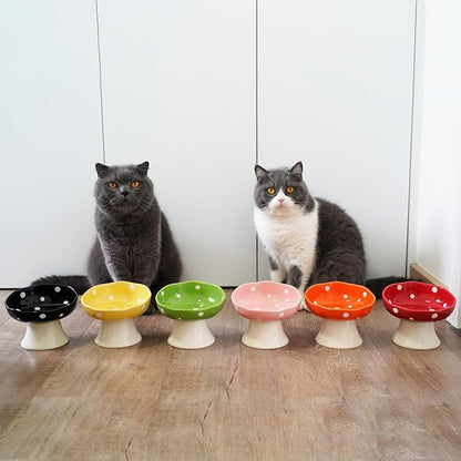 Red and Orange Mushroom Cat Bowl Set, 2PCS Elevated Ceramic Bowls for Cats | Cute Mushroom Set, Elevated, Ceramic, Whisker Friendly, Multi-Cat