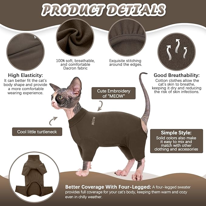 ROZKITCH Hairless Cat Sweaters, Sphynx Sweater Shirt Kitten Soft Clothes Pullover Cute Cat Pajamas Jumpsuit Apparel Pet Winter Turtleneck for Cats and Teacup Chihuahua Small Dogs Coffee 2XL