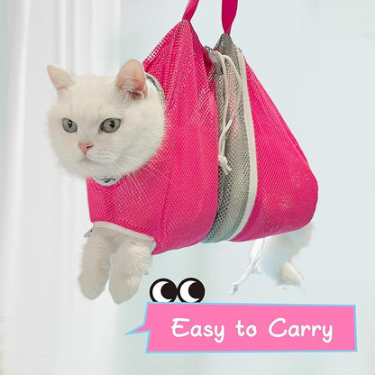 Cinf Cat Bathing Bag, Breathable Mesh Anti Scratch Adjustable Cat Grooming Bag for Nail Trimming, Bathing Soft Cat Washing Bag(Pink) M