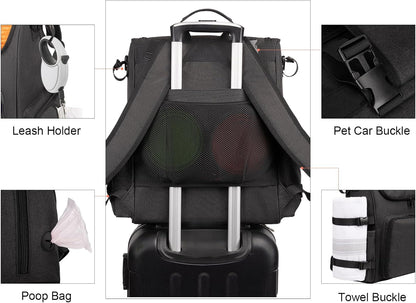 Modoker Dog Travel Bag Backpack, Airline Approved Pet Accessories Organizer for Dog and Cat with Shoulder Strap, 2 Dog Food Storage Containers, 2 Collapsible Dog Bowls,1 Pet Mat, Black