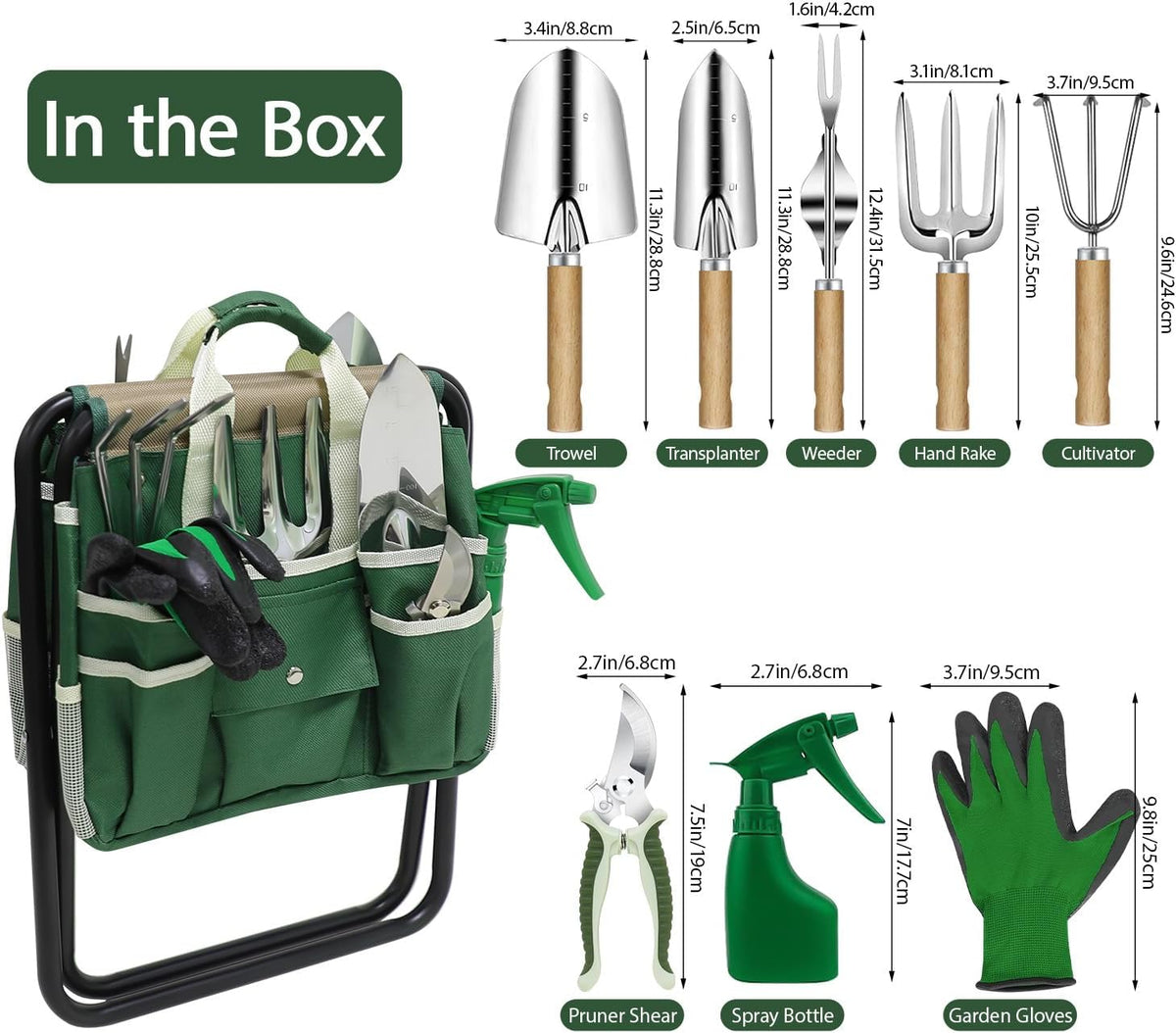 Garden Tool Set, 10 Piece Kit with Heavy Duty Folding Stool, Detachable Storage Tote Bag, Stainless Steel Tools, Gifts for Women Men Green
