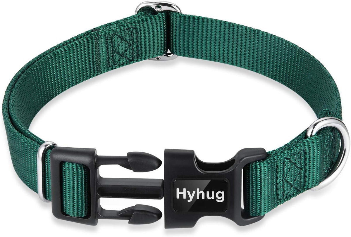 Hyhug Pets Solid Color Classic Regular Heavy Duty Basic Collar for Large Breeds Dogs Daily use, Unique Design Adjustment Triglide Slide Can Attached Name Tag Accessories. (Large, Dark Green)