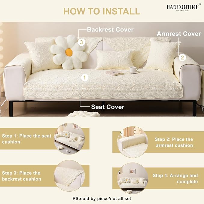 HANDONTIME Cotton Couch Cover for Dogs Breathable & Pet-Friendly Sofa Cover, Embroidery Dog Couch Cover Elegant Floral Quilted Slipcover, Non-Slip Washable Furniture Protector (Ivory, 35.4" x 63)