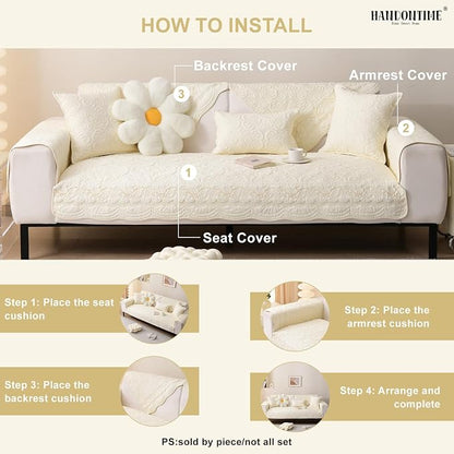 HANDONTIME Cotton Couch Cover for Dogs Breathable & Pet-Friendly Sofa Cover, Embroidery Dog Couch Cover Elegant Floral Quilted Slipcover, Non-Slip Washable Furniture Protector (Ivory, 35.4" x 63)