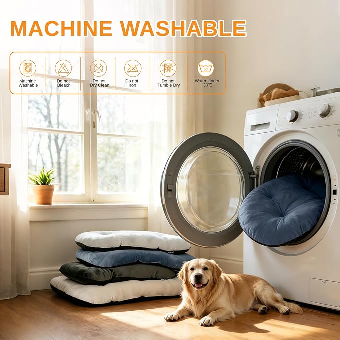 Washable Oval Large Dog Bed, Silver-Tipped High-Resilience, Dusty Blue | Non-Slip Bottom Prevents Sliding, Soft Plush Short Fur, Machine Washable, Ideal for Crates/Apartments/Cozy Nooks,35"x22"x3.2"