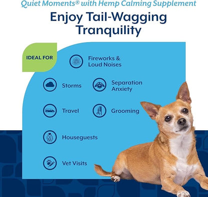 NaturVet Quiet Moments Calming Aid Dog Supplement, Helps Promote Relaxation, Reduce Stress, Storm Anxiety, Motion Sickness for Dogs (Quiet Moments Plus Hemp, 180 Soft Chews)