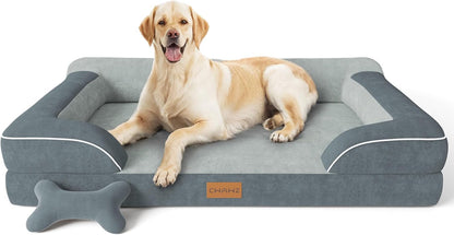 Jumbo Dog Bed for Extra Large Dogs, Orthopedic Dog Bed with Cooling Gel Memory Foam, Waterproof Pet Bed with Removable Washable Cover, 45" Pet Sofa Couch Dutch Velvet with Bone Toy, Dark Gray