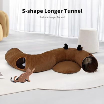 Cat Tunnel Bed for Indoor Cats with Washable Cushion Cat Cave Donut Tunnel with Fluffy Ball Big Round Tube Pet Playground Toys Soft Plush Peekaboo for Kitten, Cat, Puppy, Rabbit, Ferret（Deer）