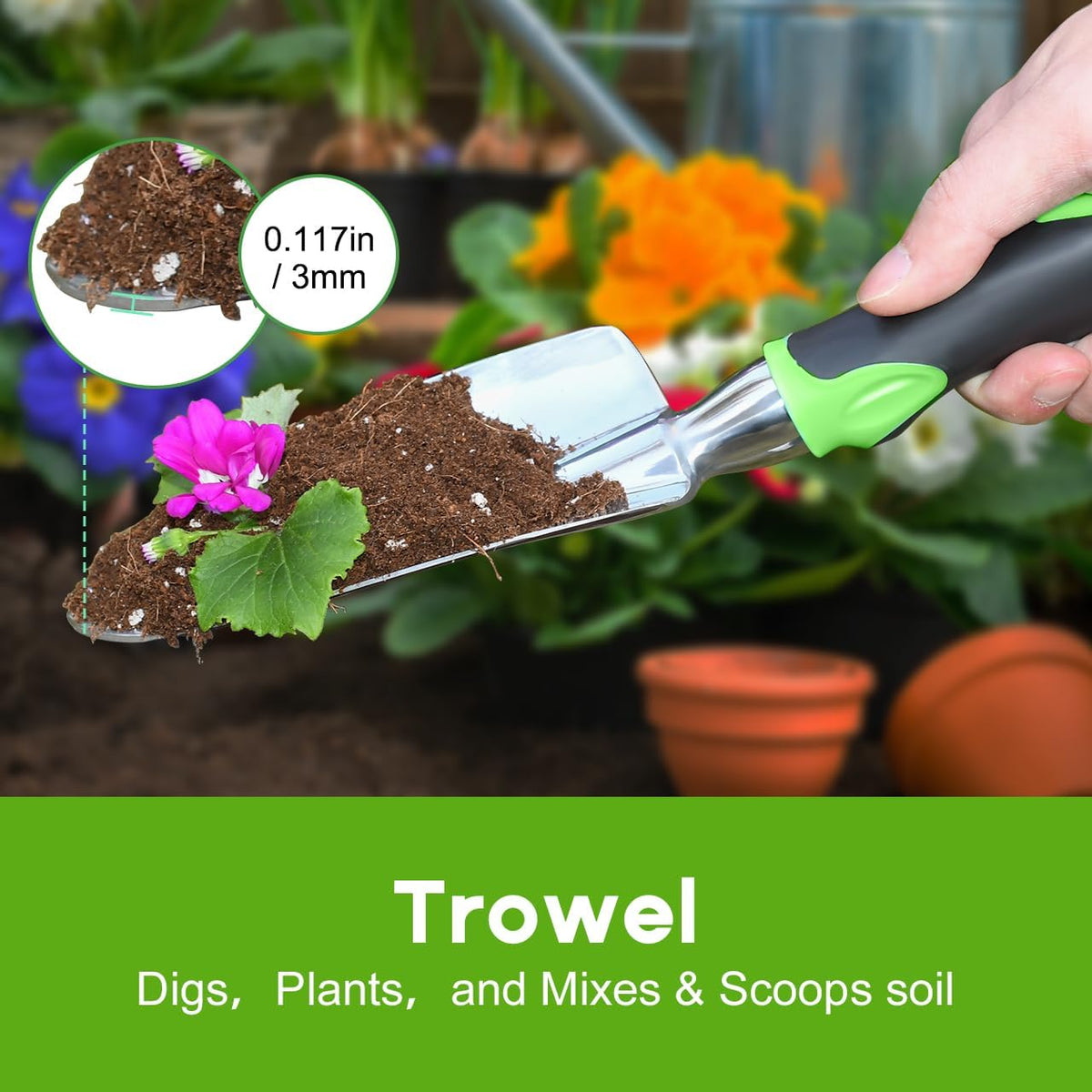 Garden Tool Set, 3 Pack Aluminum Heavy Duty Gardening Kit Includes Hand Trowel, Transplant Trowel and Cultivator Hand Rake with Soft Rubberized Non-Slip Ergonomic Handle, Garden Gifts