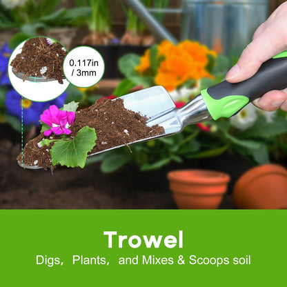 Garden Tool Set, 3 Pack Aluminum Heavy Duty Gardening Kit Includes Hand Trowel, Transplant Trowel and Cultivator Hand Rake with Soft Rubberized Non-Slip Ergonomic Handle, Garden Gifts