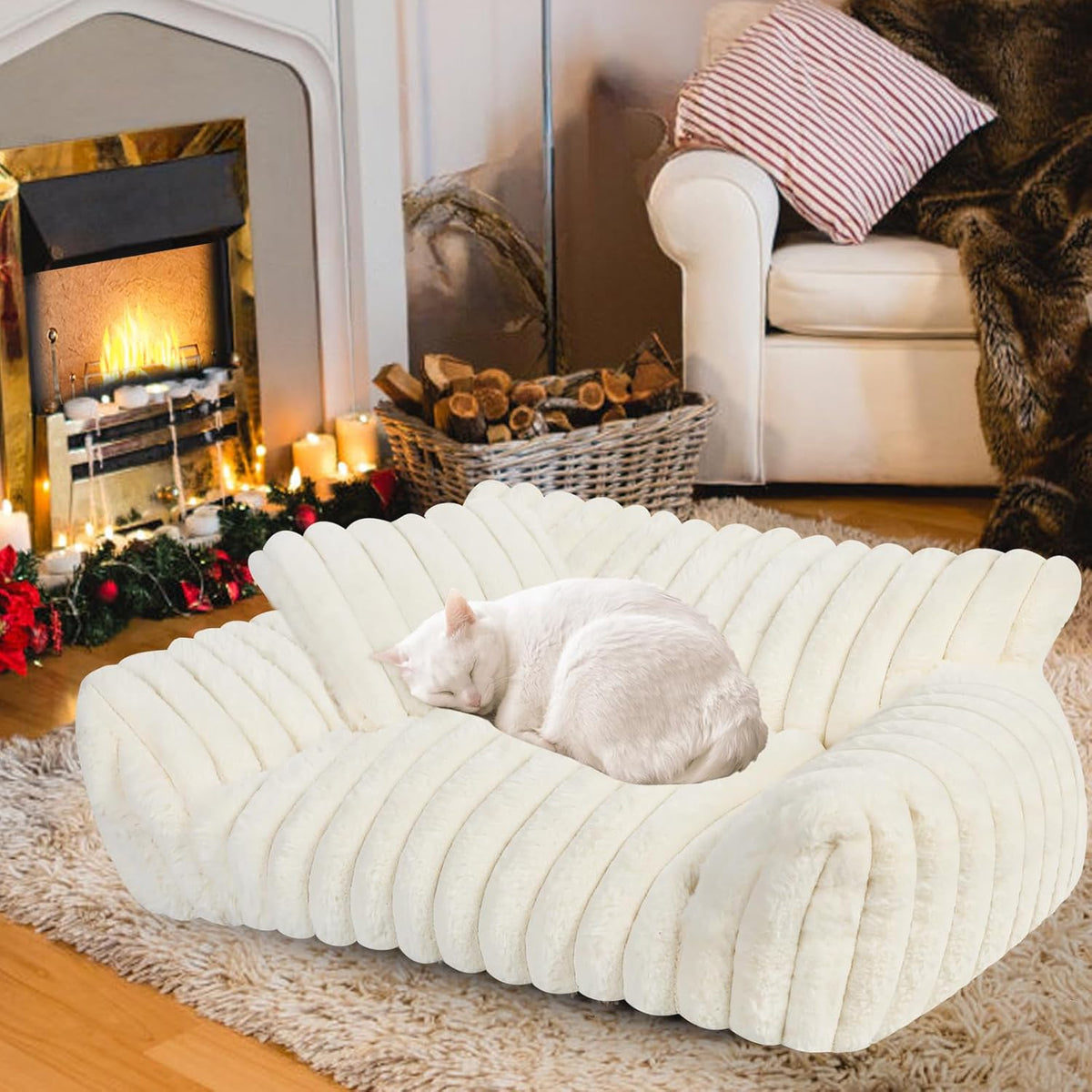 Cute Cat Couch Bed for Indoor Cats, Fluffy Pet Cat Sofa with Premium Soft Corduroy Fleece, Cute Small Dog Beds for Small Dogs, Fuzzy Puppy Chair with Removable Washable Cover (30x20x10,Cream)