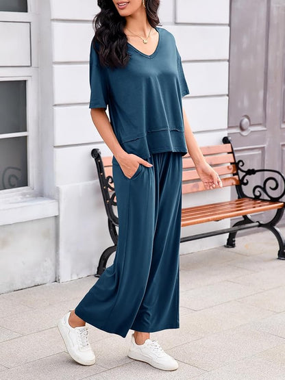 Tankaneo Womens 2 Piece Sets Casual Tracksuits Short Sleeve Tops Wide Leg Pants Outfits Lounge Sets