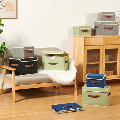 2PCS Storage Boxes with Lid Cotton Linen Fabric Storage Bins Organizer Container Decorative Collapsible Washable Shelf Closet Baskets Faux Leather Handles Home Bedroom (Gray, Large Size)