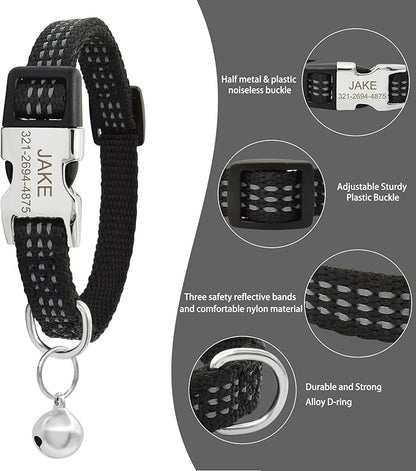 Personalized Reflective Nylon Cat Collar with Name Phone,Custom Engraved Buckle Cat Collar with Bell,Adjustable for Small Dogs Puppy Kitten (Black,fit 7.5''-12.0'')