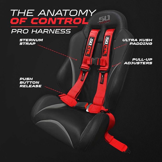 1pc 50 Cal Red 4 Point Harness 2in Straps, Racing Harness Seat Belt | Ultra Kush padding, Push Button quick release hardware. Universal Fit for UTV, RZR, race car.