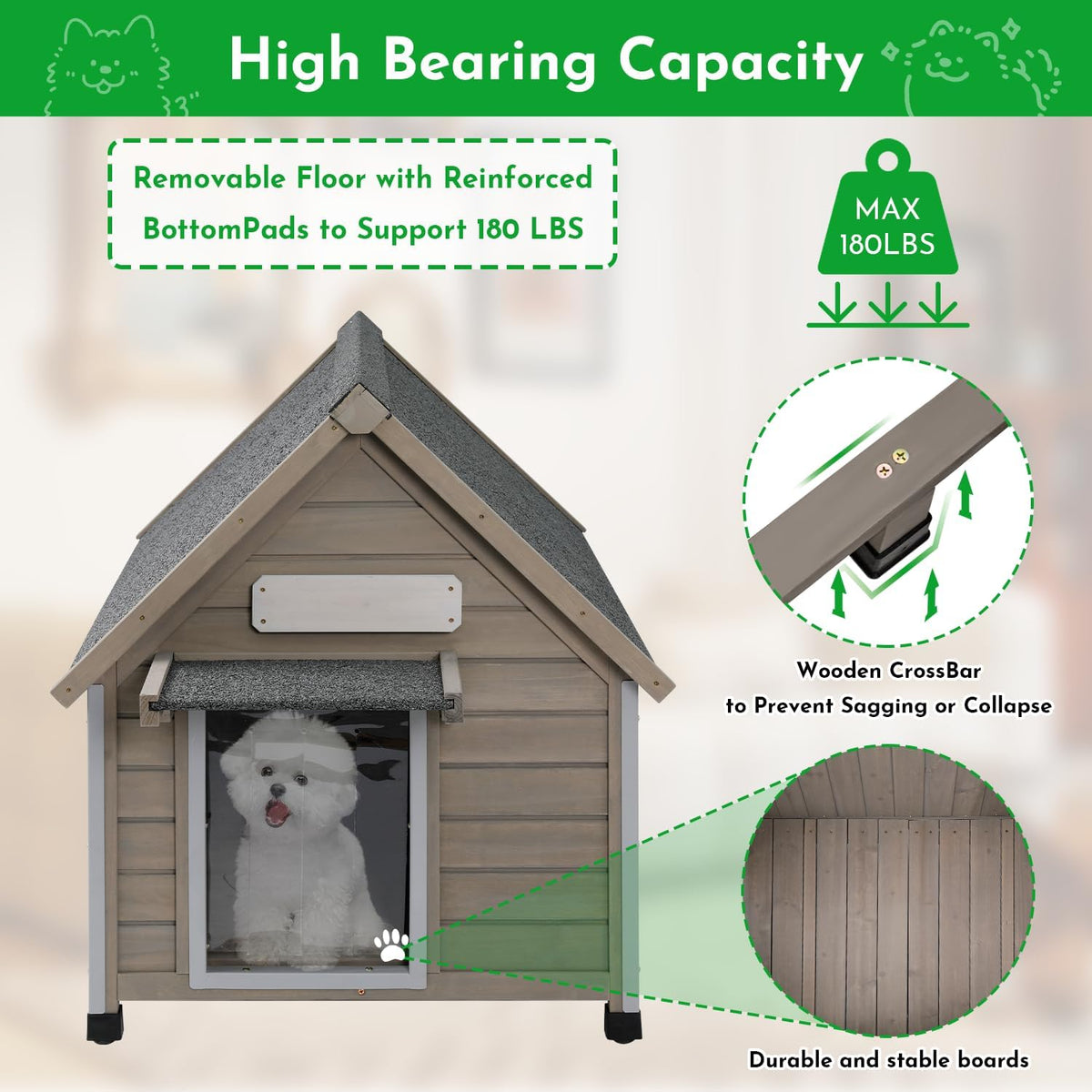 Outdoor Dog House Weatherproof Large Wooden Dog Kennel Indoor for Small Dogs with Chew-Proof Frame, Oxford Fabric Window, Removable Floor Pet Shelter (Grey, 26" D x 31.9" W x 32" H)