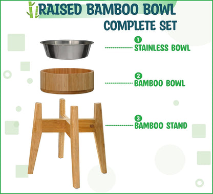Dog Bowls Elevated, 12-inch High, 5-Cup Cap - Set of Bamboo Holder, Stainless Inner Dish and Stand - Ideal for Medium to Large Breeds - All-Detachable Parts