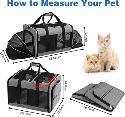 Portable 2-in-1 Pet Carrier,Double Compartment Cat & Dog Carrier for 2 Cats,Expandable Medium Dogs Large Cat Carrier with Sturdy Base,Breathable,Good for Traveling Walking Camping（Grey）