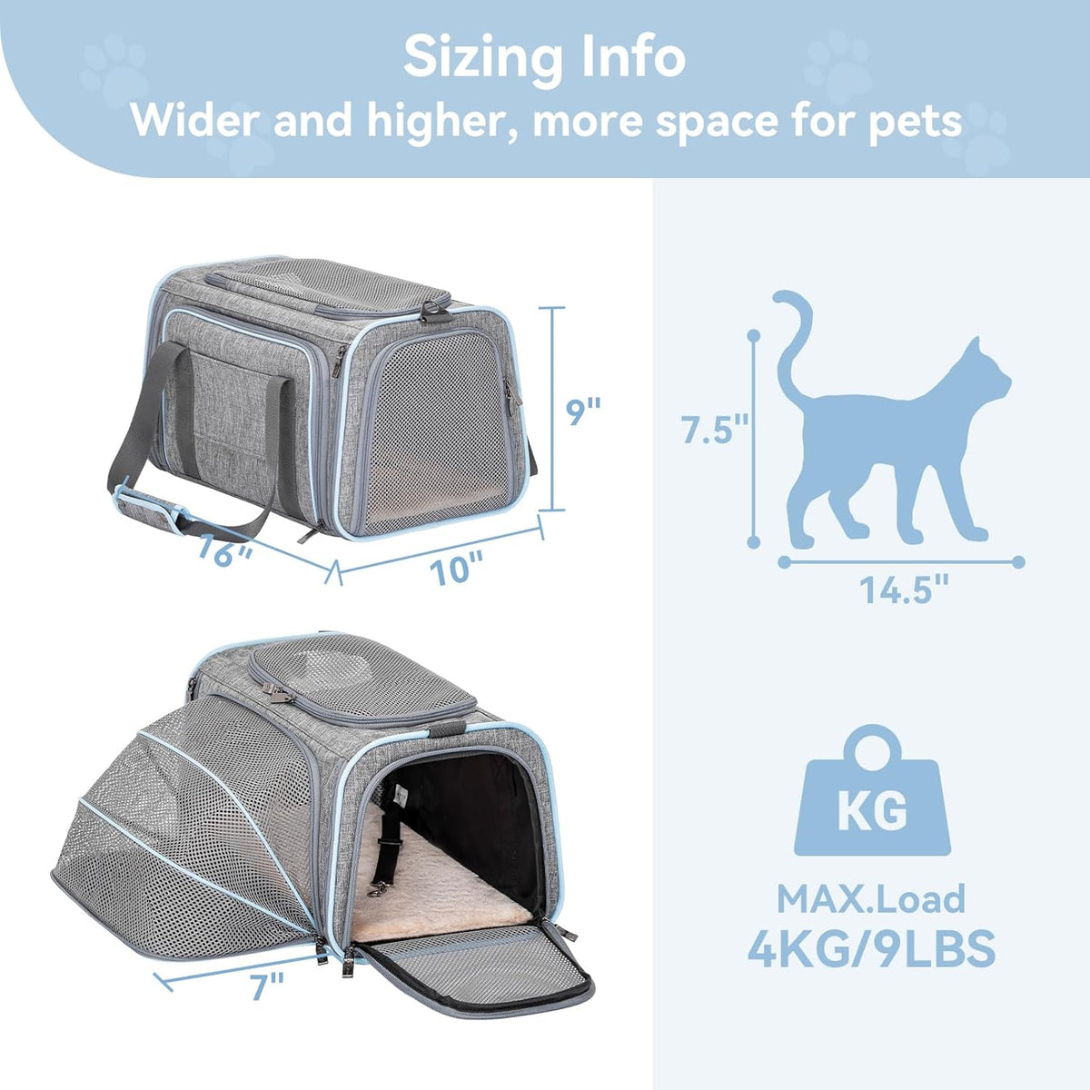Petsfit Small Cat Carrier Soft Airline Approved Expandable Carrier for Kitten Puppy Bunny, 16"X10"X9“