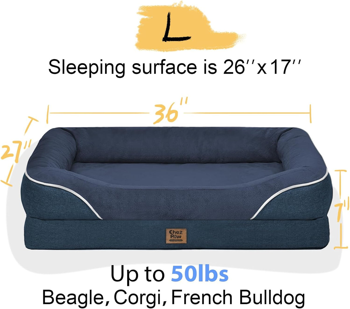 Orthopedic Washable Large Dog Bed - Egg Foam Dog Beds for Large and Medium Dogs Big Pet Beds with Removable Washable Cover and Bolster for Extra Large Dogs