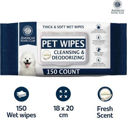 AKC Pet Wipes for Dogs & Cats – Hypoallergenic, Alcohol-Free Wipes for Paws, Face, Ears & Coat – Thick, Gentle Cleaning with Natural Aloe – Available in Lavender, Fresh & Oatmeal Scents