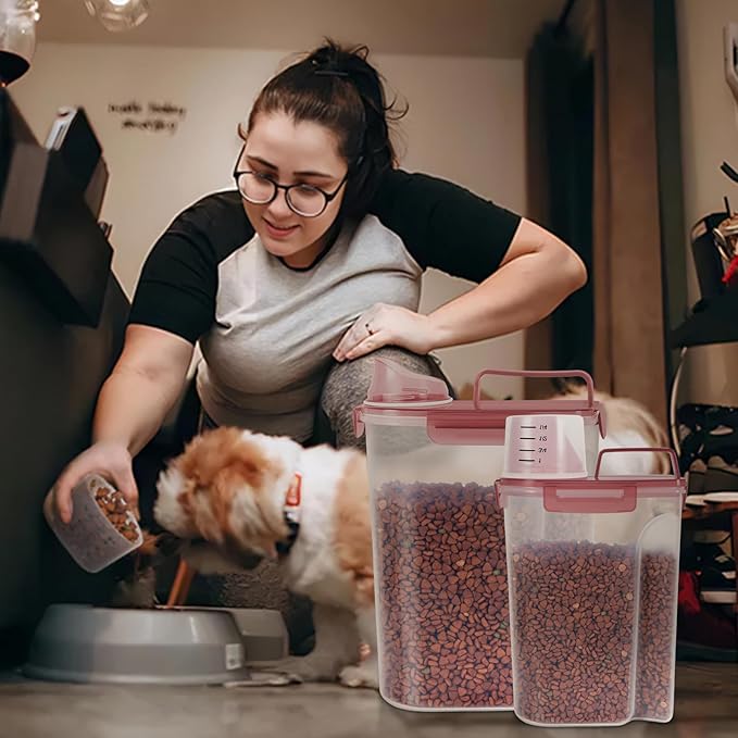 2Pack Cat Dog Food Storage Container with Upgraded Large Nozzle BPA-free, 3+5lbs Plastic Pet Food Containers with 4 Sealed Clasps/1 Measuring Cup/Handle Easy to Clean and Carry (Clear Pink)