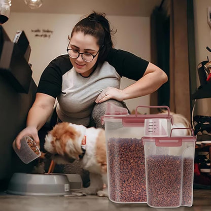 2Pack Cat Dog Food Storage Container with Upgraded Large Nozzle BPA-free, 3+5lbs Plastic Pet Food Containers with 4 Sealed Clasps/1 Measuring Cup/Handle Easy to Clean and Carry (Clear Pink)