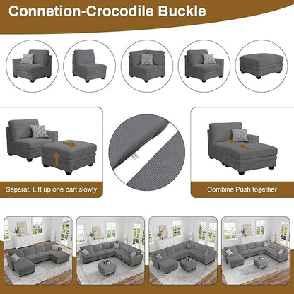 Legend Vansen Oversized Modular Sectional Sofa,16 Seat U Shaped Couch with Ottoman,Corduroy Sofa with Deep Seat,Convertible Large Sectional Couches for Living Room(Grey, U-16)