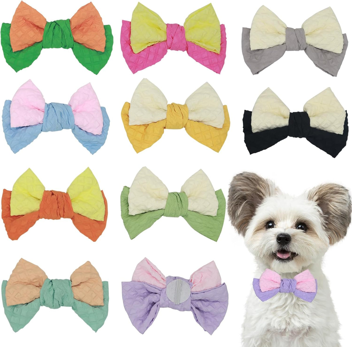 10 PCS Dog Bow Ties, Color Block, Adjustable Pet Bow Tie for Small Medium Large Dog Cat, Collar Attachment Sliding Bowties with Rubber Bands, Grooming Accessories for Wedding Party