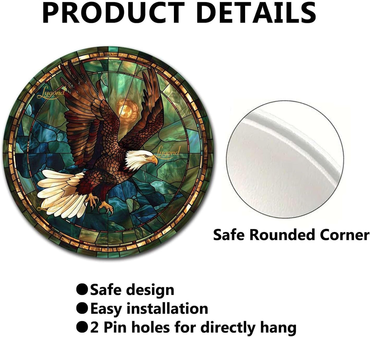 Lygond Metal Sign Tin Sign Circular Stained Glass American Bald Eagle Bathroom Signs for Home for Yard 8×8 Inches