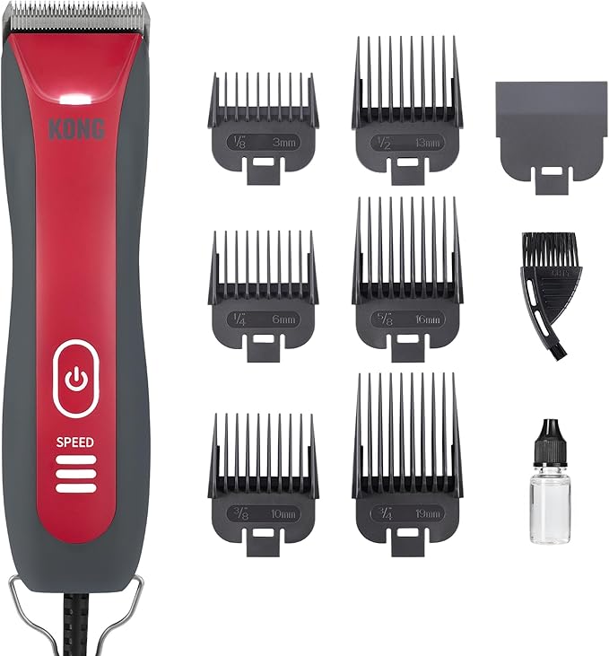 KONG 3-Speed Dog Clipper Grooming Kit – Stainless Steel Blade, Waterproof, LED Spotlight, 6 Guide Combs, 10-Foot Cord, Ergonomic Handle – Red/Gray, All Coat Types