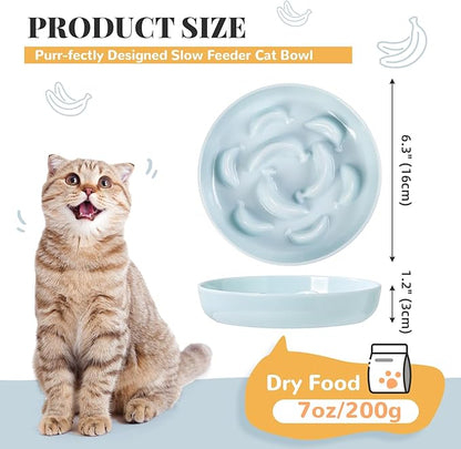 Melamine Slow Feeder Cat Bowls - Set of 3 Cat Food Dishes - Fun Maze Design for Slow Feeding - Dishwasher Safe - White × 3