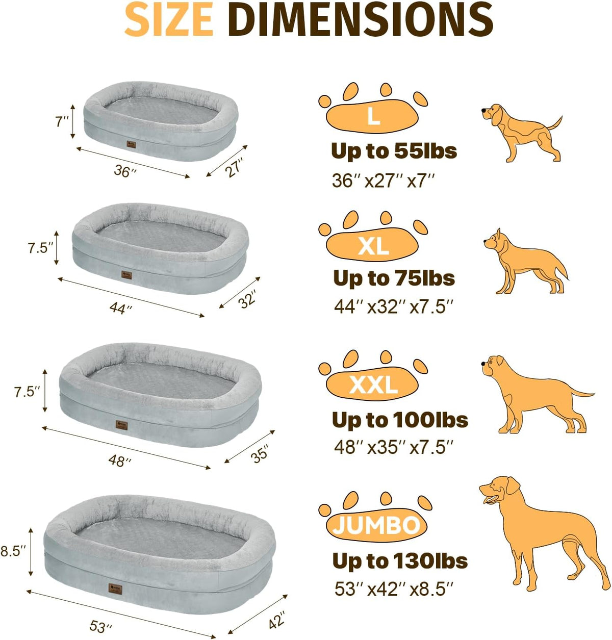 Orthopedic Waterproof Large Dog Bed: Memory Foam Washable Dog Bed with Bolsters - XL Removable Washable Cover for Medium Large Sized Pet - Non-Slip Bottom - Silver