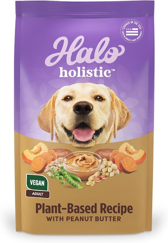 Halo Holistic Vegan Dog Food, Plant-Based Peanut Butter Recipe, Dry Dog Food, Complete Digestive Health, Kibble for Adult Dogs, 21 lb Bag