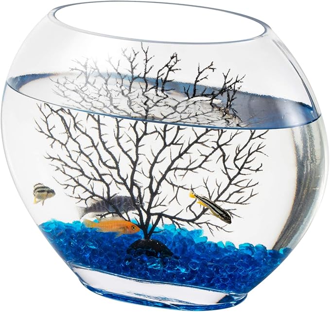 hygger Mini Glass Oblate Fish Bowl Kit, Small Fish Tank Comes with Blue Aquarium Decor Stones and Plastic Fan Branch Tree Ornament