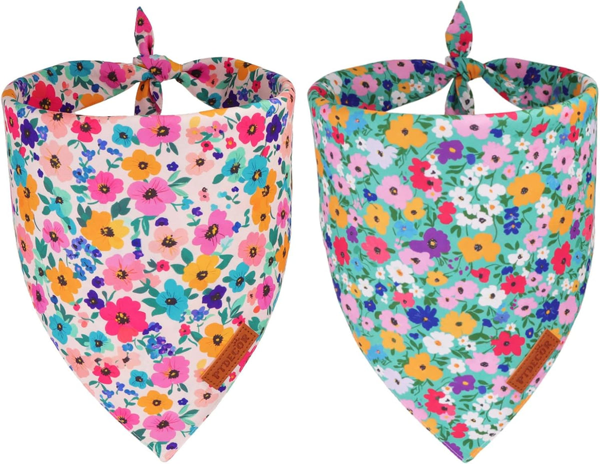 PTDECOR Floral Dog Bandana, Flower Reversible Pets Scarf, Premium Durable Fabric, Adjustable Pink Green Bandanas for Small Dogs Puppies Cats(Small)