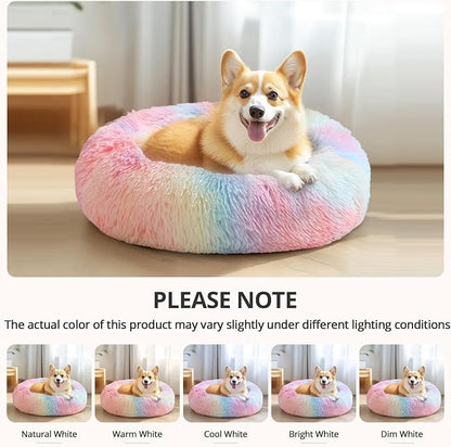 JOLLYVOGUE Calming Dog Bed Medium Size Dog, Anti-Anxiety Donut Medium Pet Bed, 27 inches Fluffy Faux Fur Round Cat Bed (Rainbow)