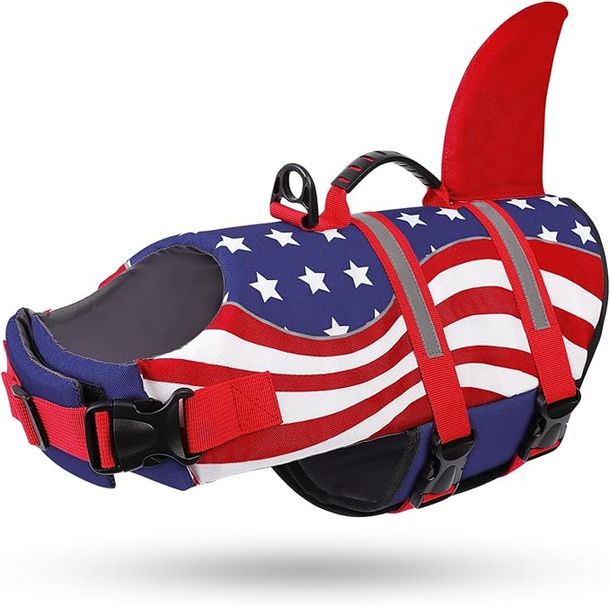 Shark Dog Life Vest for Swimming, Pet Life Vests for Boating, High Buoyant DogLife Jacket, Ripstop High Flotation Swimsui for Small, Medium, Large Dogs (USA Flag,XL)