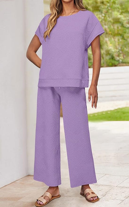 PRETTYGARDEN 2 Piece Outfits For Women Casual Tracksuit Short Sleeve Tops And Wide Leg Long Pants Matching Lounge Sets
