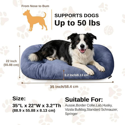 Washable Oval Large Dog Bed, Silver-Tipped High-Resilience, Dusty Blue | Non-Slip Bottom Prevents Sliding, Soft Plush Short Fur, Machine Washable, Ideal for Crates/Apartments/Cozy Nooks,35"x22"x3.2"