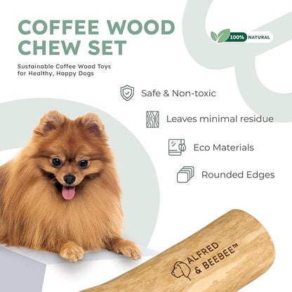Alfred & Beebee Eco-Friendly Natural Coffee Wood Dog Chew Toy 4 Pack - for Regular Chewers - Dog Dental Chew - Small Medium - Coconut Ball, Rope Stick S - M