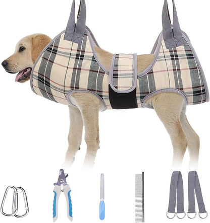 BEAUTYZOO Dog Grooming Hammock, Medium Dog Sling for Nail Trimming, Dog Hanging Harness for Claw Care with Thick Fabric Neck Support Wide Strap Restraint Cat Grooming Hammock, Beige L
