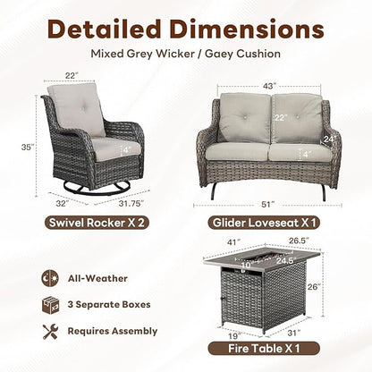 Belord 4 Piece Patio Furniture Set with Fire Pit Table - 41inch 50000 BTU Propane Fire Pit Table with High Back Loveseat Glider Chair and 2 Swivel Rocker Chair for Casual Gathering