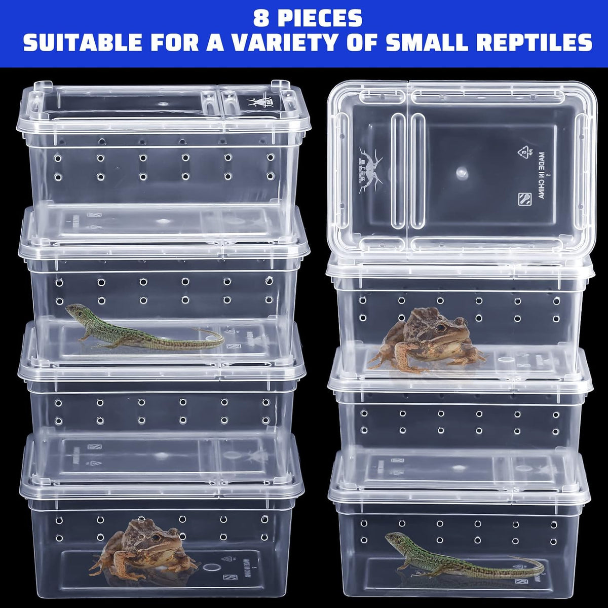 Irenare 8 Pcs Reptile Breeding Breeding Box Plastic Spider Terrarium Tarantula Feeding Box for Bearded Dragon Lizard Spider Gecko Scorpion(Vent Holes,5.9 x 3.9 x 2.5 Inch)