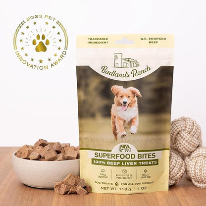 BADLANDS RANCH - Superfood Bite, Freeze-Dried Raw Dog Treats - Protein Rich, Train & Reward, Traceable Single Ingredient by Katherine Heigl (4 Ounce (Pack of 4) Beef Liver)