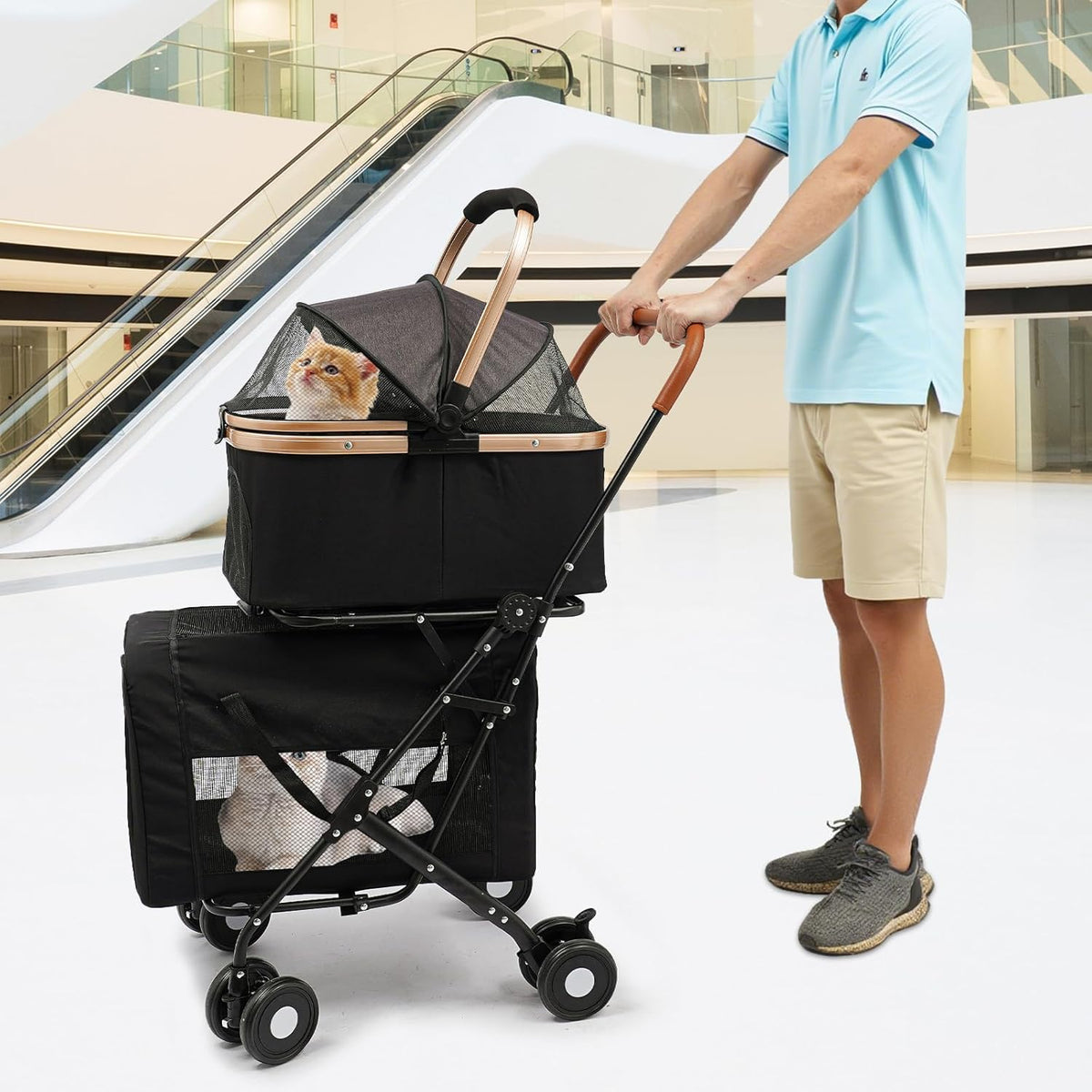 Double Pet Stroller with Detachable Carriers, Large Cat & Dog Stroller with 4 Wheels, Foldable Pet Strollers Small & Medium Dogs Cats 77lbs (Black)