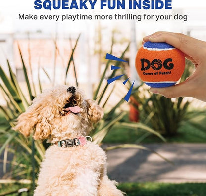 AMA SPORT Squeaky Tennis Balls for Dogs 2.5" Small Medium Dog Tennis Balls for Throwing and Fetching Dog Toys for Training, Exercise, High Bouncing 4 Pack (Orange Blue)