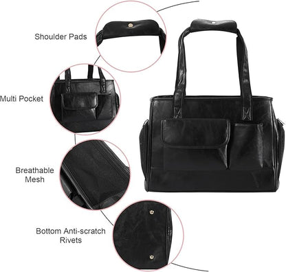 Dog Carrier Purse, Fashion Leather Pet Carrier Bag, Airline Approved Soft Sided Cat Travel Tote Bag with Pockets Black