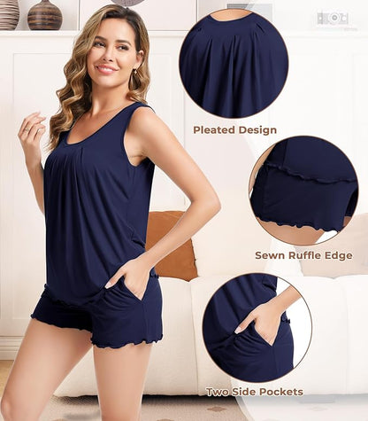 NACHILA Pajamas for Women-Viscose from Bamboo, Ribbed Racerback Tank Top Sexy Split Shorts Pajama Sets Cooling Sleep Cami Pjs