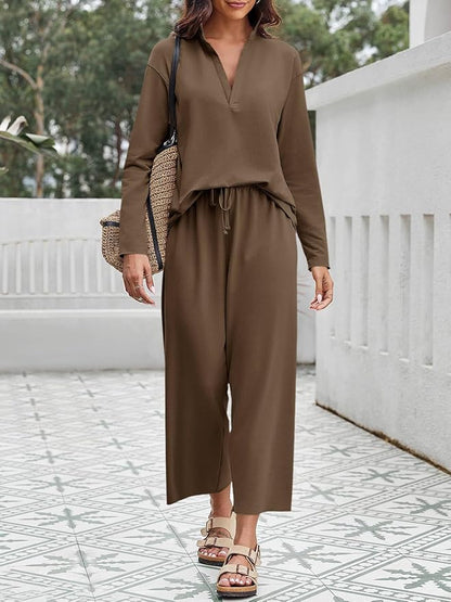 Imily Bela Womens 2 Piece Outfits Sweatsuit Long Sleeve Lapel V Neck Shirt and Wide Leg Pants 2025 Fall Trendy Tracksuit